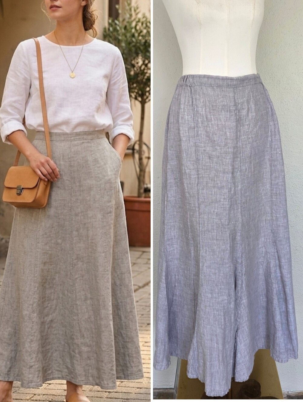 FLAX Linen Maxi Skirt Small Gray Pull On Lagenlook Flared Boho Minimalist S